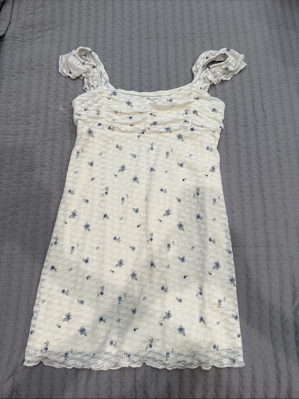 No Boundaries Cream Mini Dress with Blue Floral Lace
